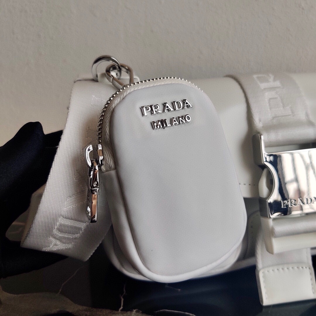 Prada Re Nylon And Leather Shoulder Bag Handbag White 1BD295